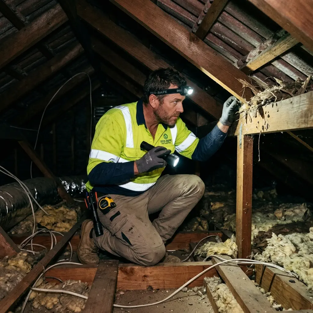 Technician inspecting a Sebastopol subfloor void for a deceased cat